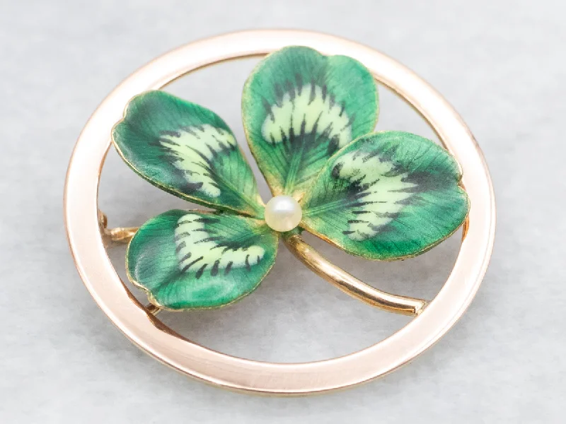 luxury pearl brooches -Enamel and Seed Pearl Four Leaf Clover Brooch