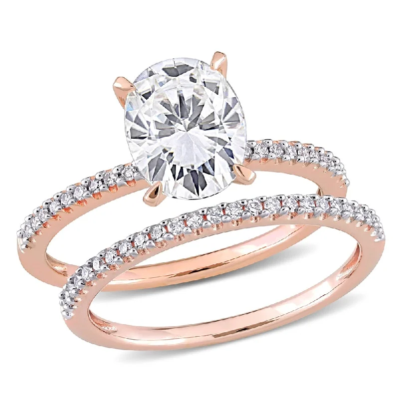 stackable rings for women -Miadora 2ct DEW Oval-Cut Moissanite and 1/4ct TDW Diamond Bridal Ring Set in 14k Rose Gold