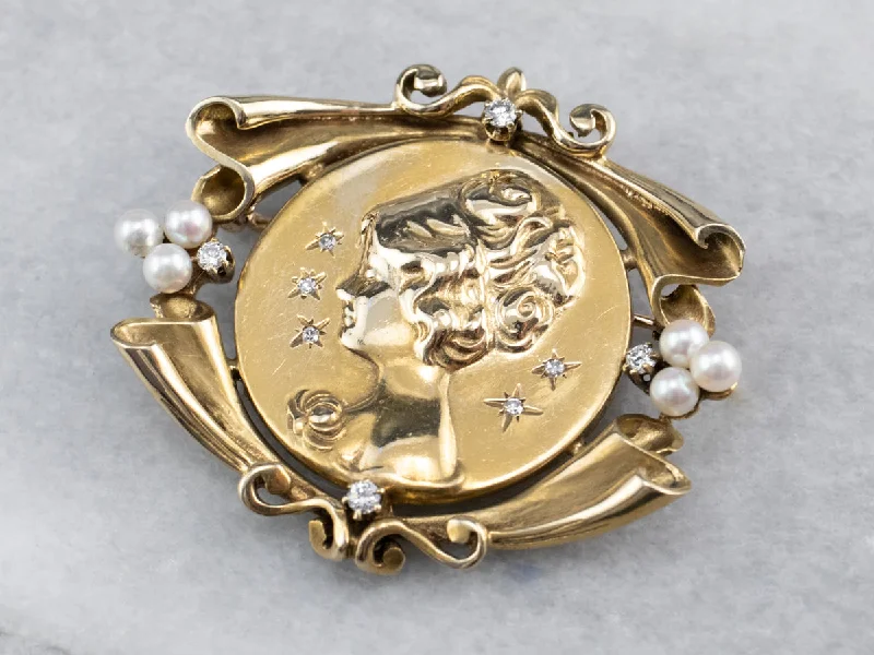 silk brooches for women -Diamond Pearl Gold Portrait Brooch Pendant