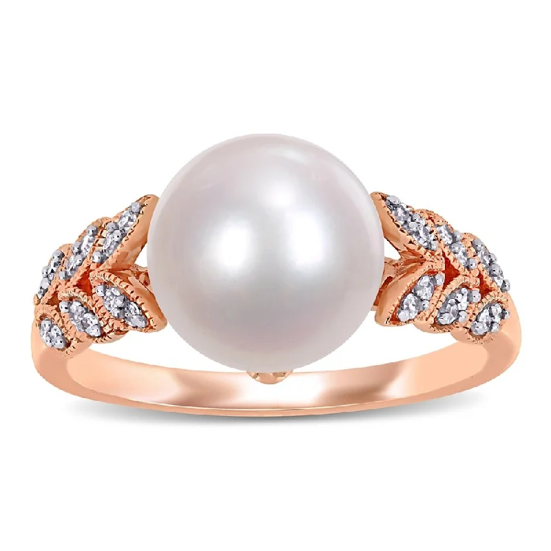 solitaire rings for women -Miadora 10k Rose Gold Cultured FW Pearl and 1/6ct TDW Diamond Leaf Ring (9-10 mm)