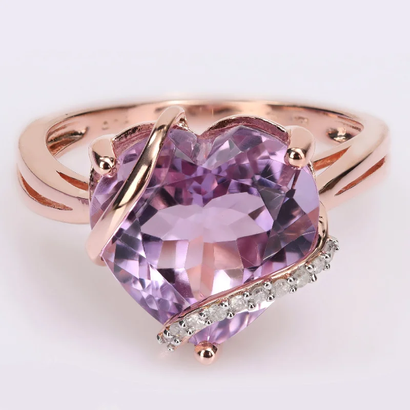 personalized rings for women -Miadora Heart-cut Amethyst and Diamond Accent Swirl Cocktail Split Shank Ring in Rose Plated Sterling Silver