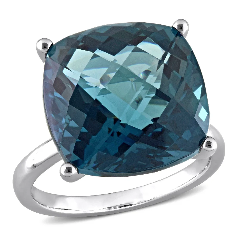 solitaire rings for women -Miadora 19 1/4ct TGW Cushion Checkerboard London Blue Topaz Cocktail Ring in 14k White Gold