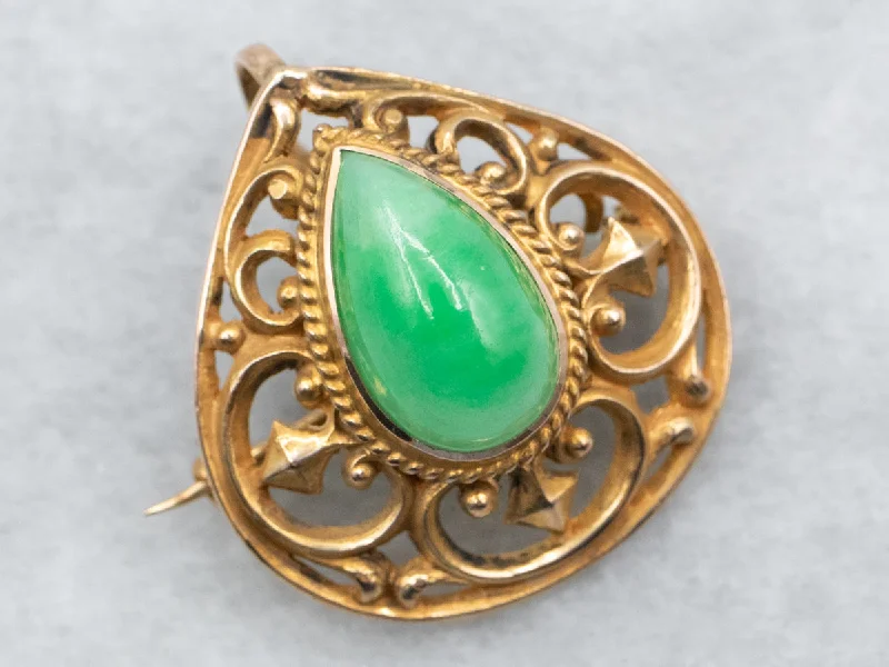 high-end brooches for women -Ornate Antique Gold Jadeite Brooch or Pendant