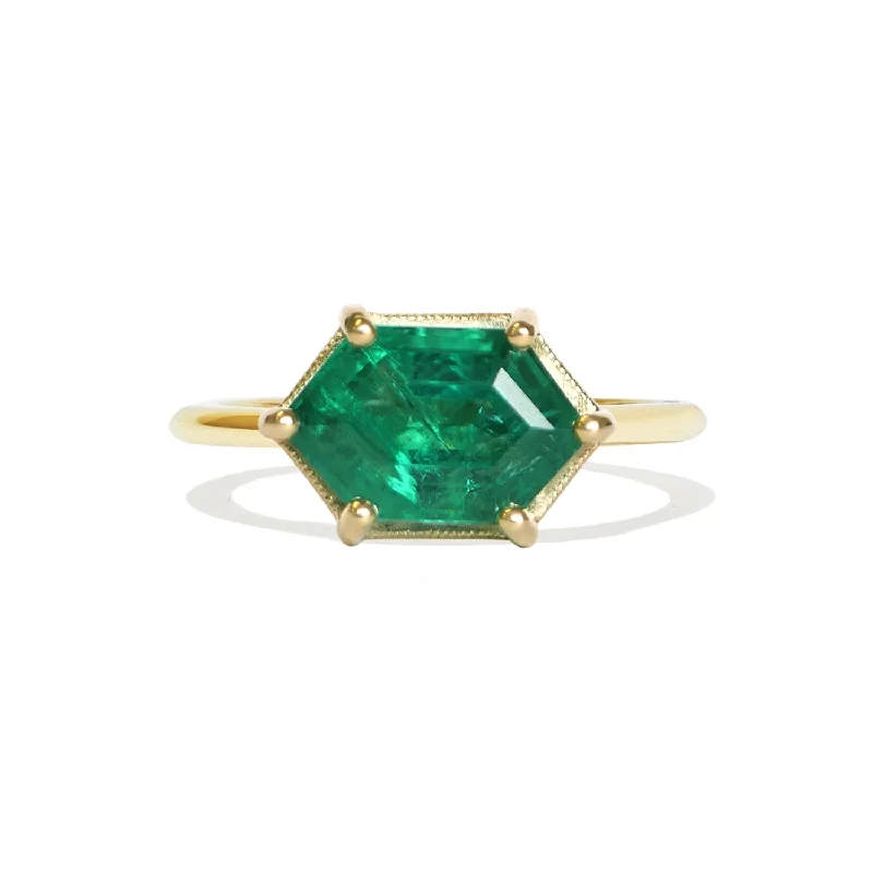 unique rings for women -Elongated Hexagon Emerald Solitaire Ring