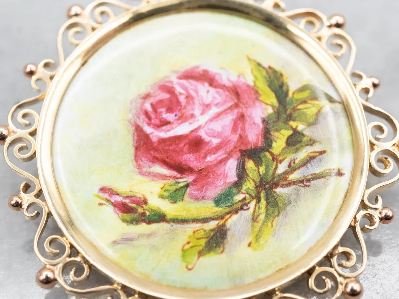 cute brooches for women -Vintage Painted Porcelain Krementz Flower Brooch