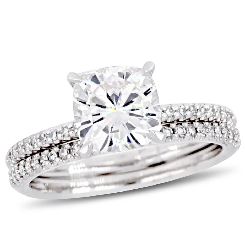 engraved rings for women -Miadora 2ct DEW Cushion-Cut Moissanite and 1/4ct TDW Diamond Bridal Ring Set in 14k White Gold