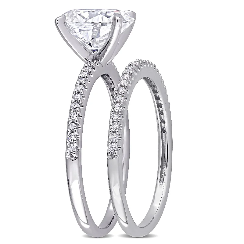 engraved rings for women -Miadora 2ct DEW Oval-Cut Moissanite and 1/4ct TDW Diamond Bridal Ring Set in 14k White Gold