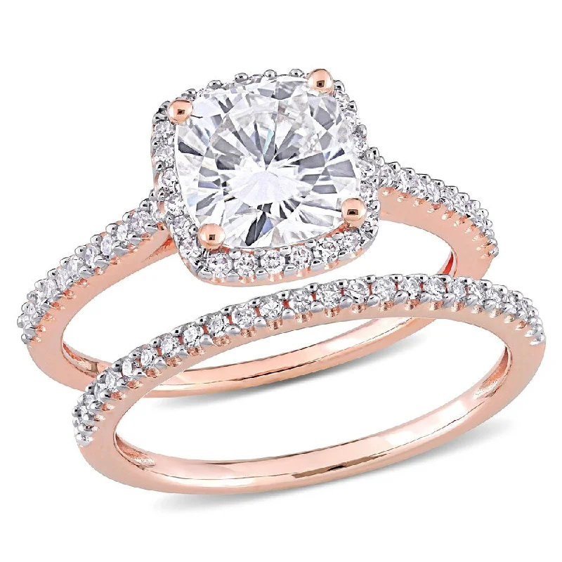 halo engagement rings -Miadora 2ct DEW Cushion-cut Moissanite and 1/3ct TDW Diamond Halo Bridal Ring Set in 14k Rose Gold