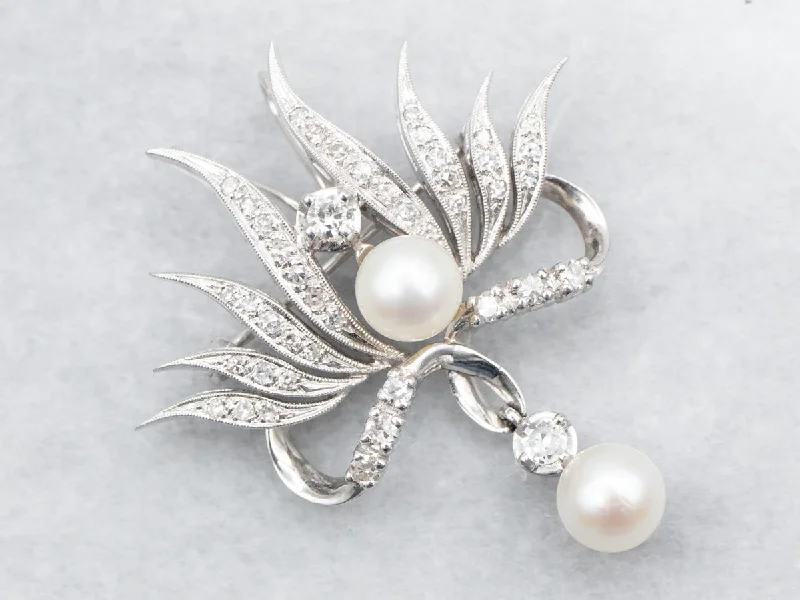 butterfly brooches for women -White Gold Pearl and Diamond Brooch or Pendant