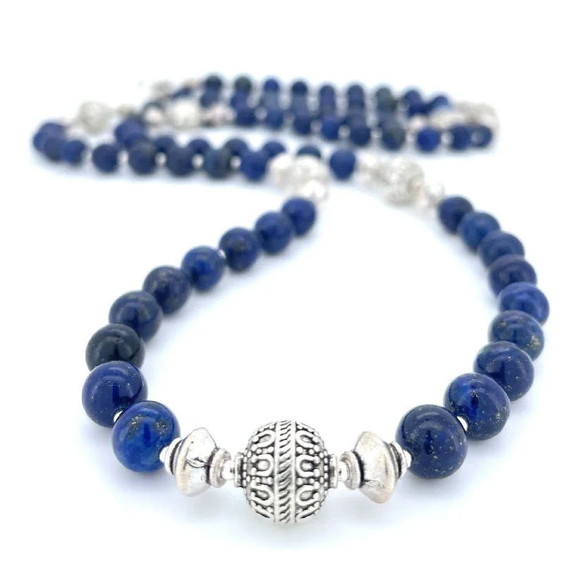 elegant necklaces for women -LONG Lapis Lazuli & Silver BEADED NECKLACE