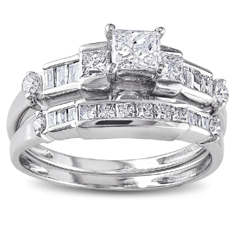 wedding rings for women -1ct TDW Baguette and Princess-Cut Diamond 14k White Gold Bridal Ring Set by Miadora