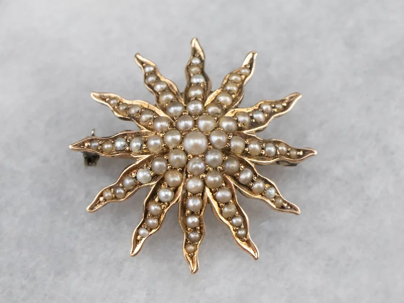 nature-inspired brooches -Victorian Seed Pearl Starburst Brooch Pendant