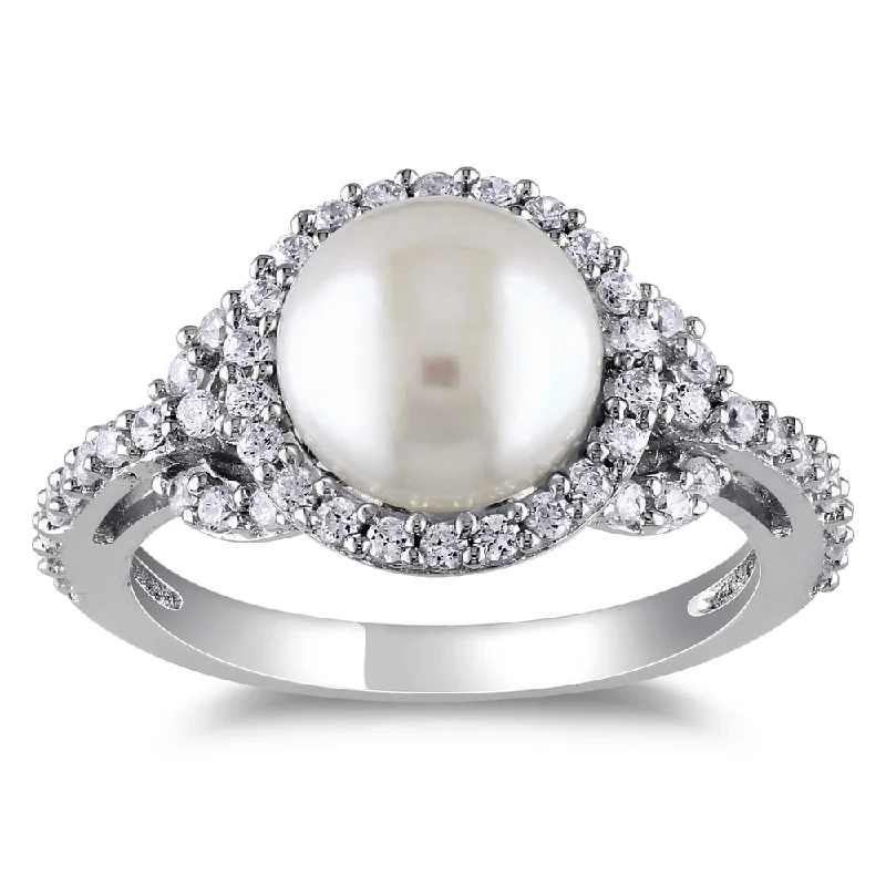 vintage rings for women -Miadora Sterling Silver Cubic Zirconia and Pearl Ring (8.5-9 mm)