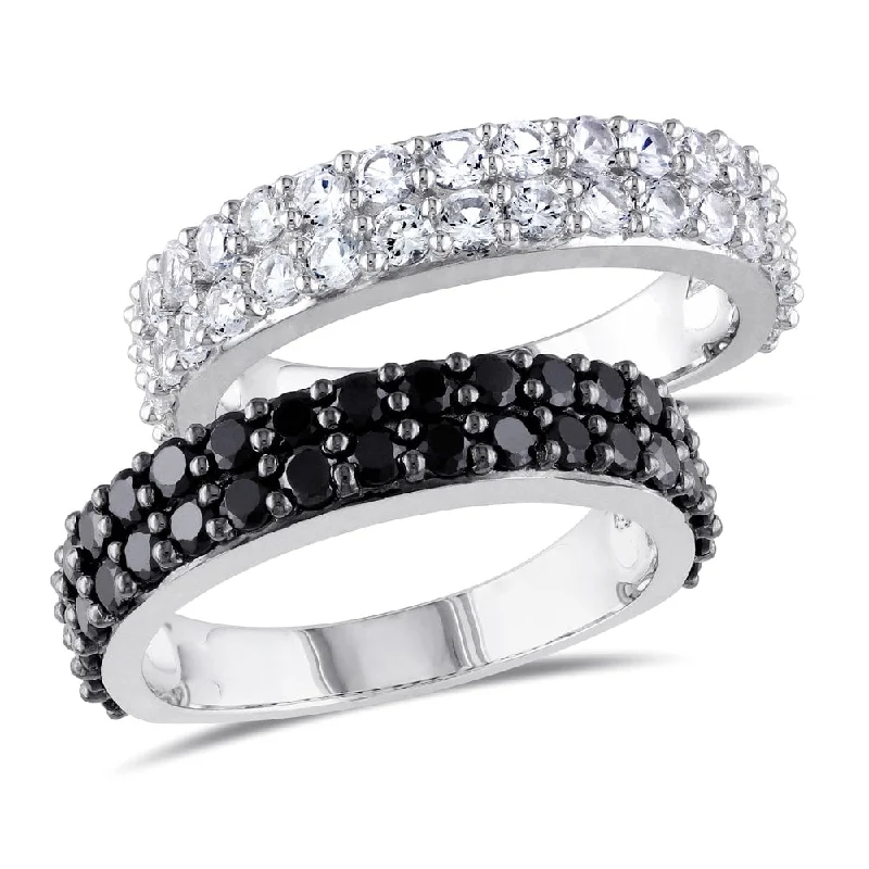 pearl rings for women -Miadora Sterling Silver Black Spinel and Created White Sapphire 2-piece Anniversary Stackable Ring s