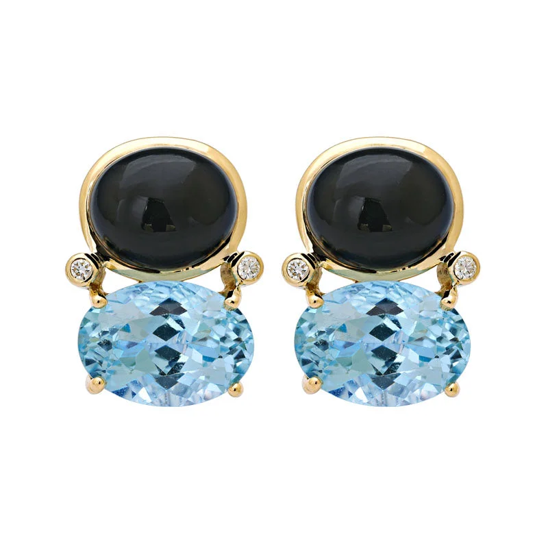 personalized earrings for women -Earrings-Black Onyx, Blue Topaz and Diamond