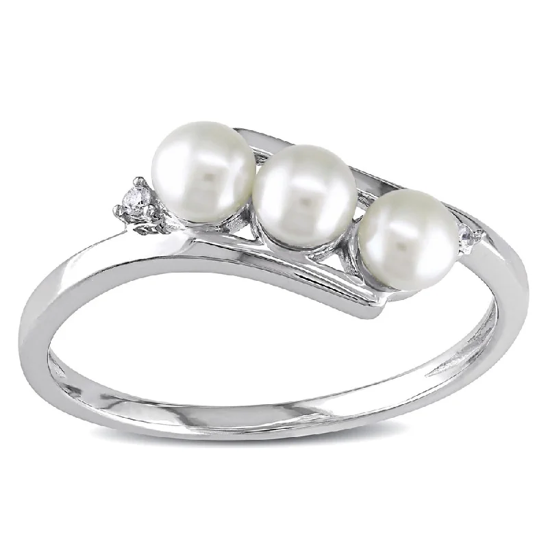 silver rings for women -Miadora 10k White Gold Cultured Freshwater Pearl and Diamond Accent Ring (3 mm)