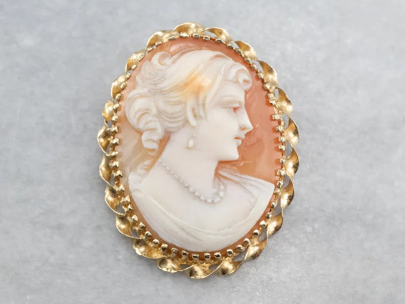 personalized brooches for women -Vintage Gold Twist Cameo Brooch or Pendant