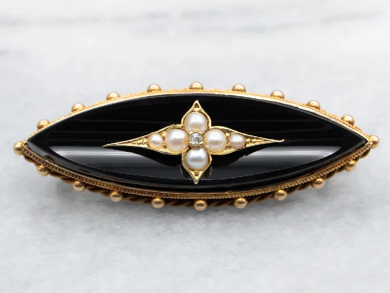 modern style brooches -Black Onyx, Diamond, and Seed Pearl Brooch