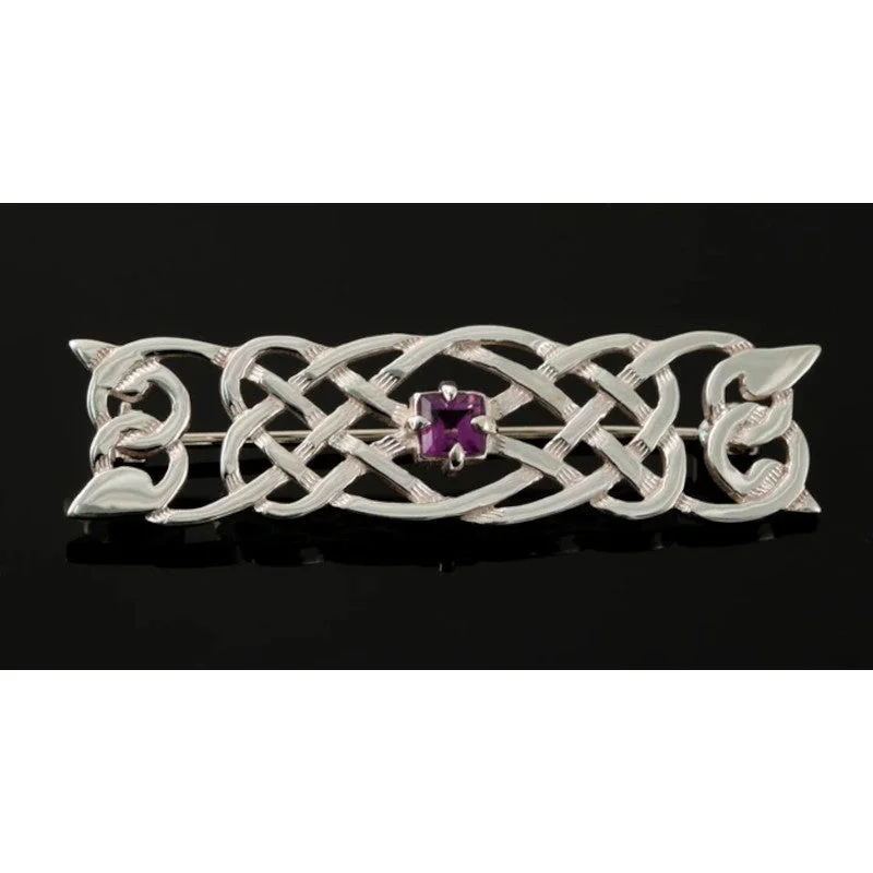 classic brooches for women -Celtic Sterling Silver or 9ct Yellow Gold Brooch With Amethyst - B990