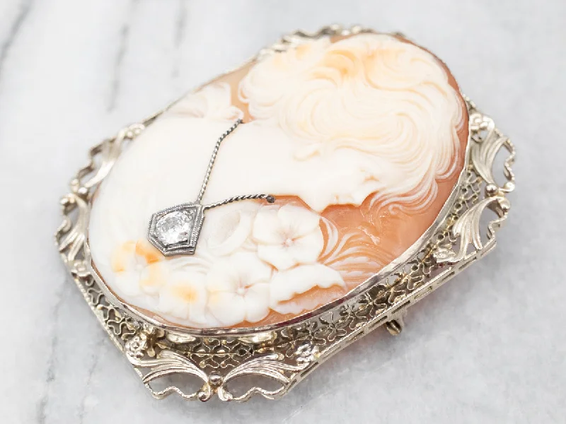 stylish brooches for women -Classic Yellow Gold Cameo Brooch or Pendant with Diamond Accent