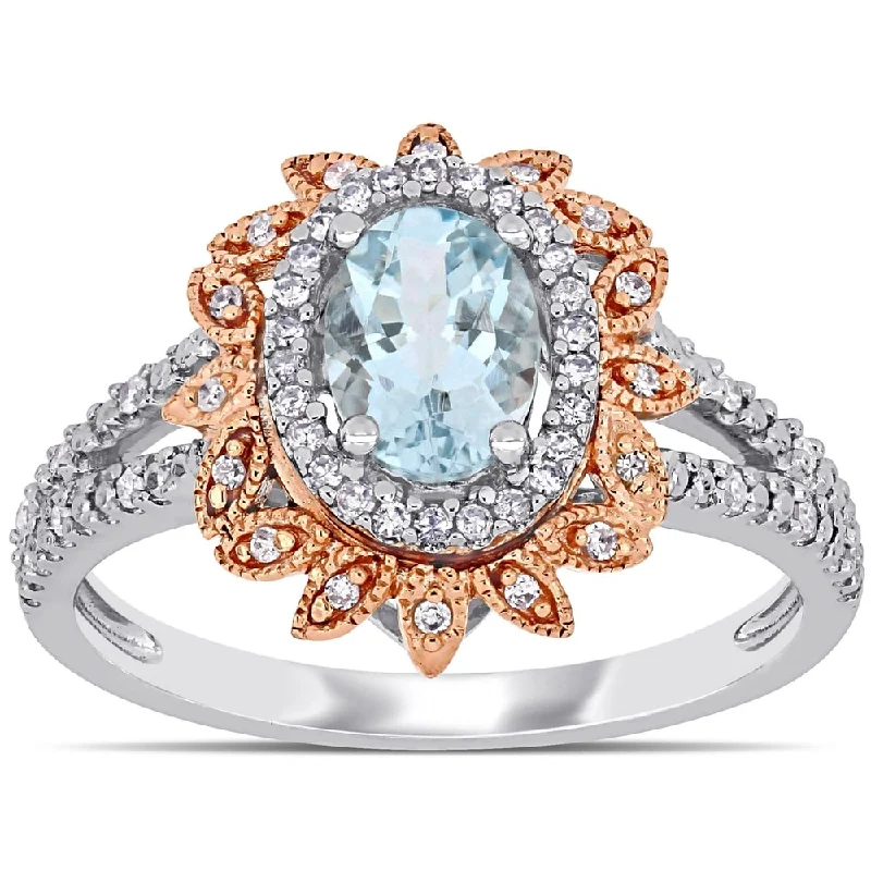 unique rings for women -Miadora 10k 2-Tone Gold Oval-Cut Aquamarine and 1/5ct TDW Diamond Floral Halo Split Shank Ring