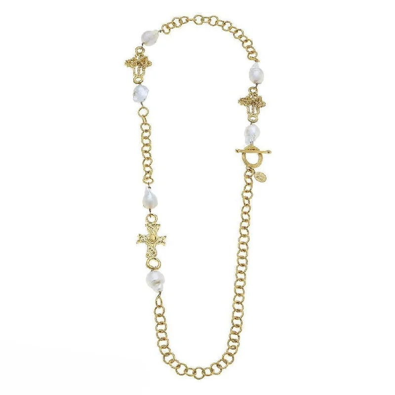 women's gold necklaces -Chain Necklace with Crosses and Pearls