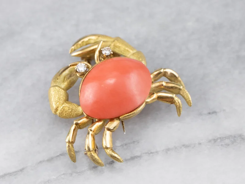 wedding brooches for bouquets -Vintage Coral and Diamond Crab Brooch