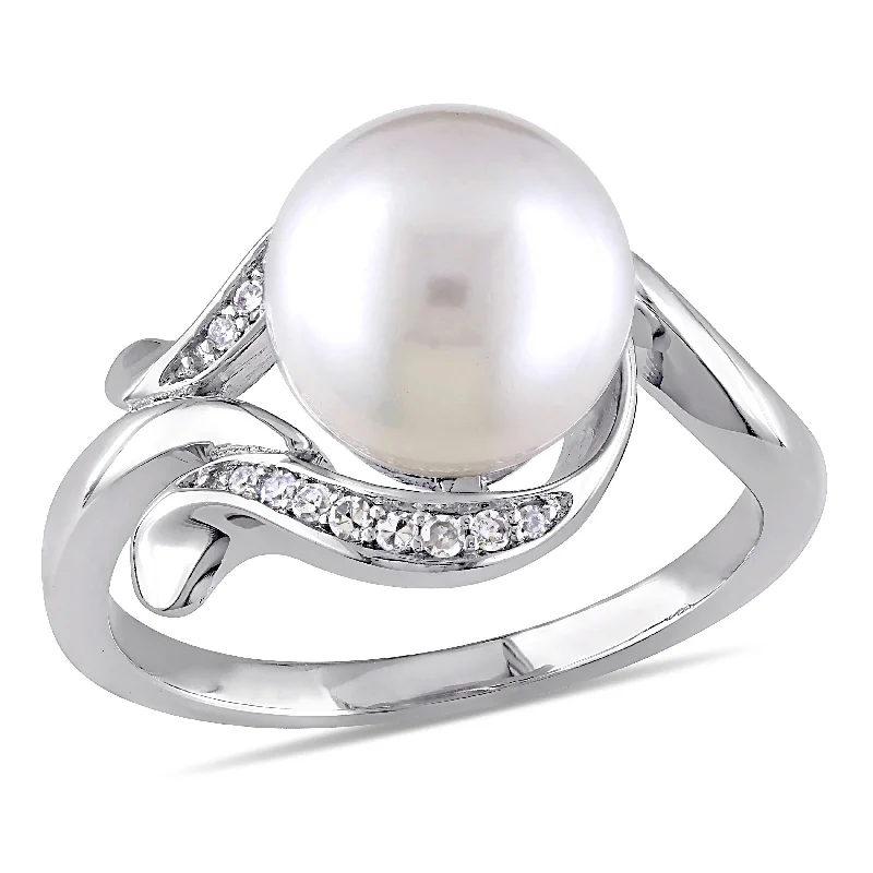 solitaire rings for women -Miadora 8.5-9mm Cultured Freshwater Pearl and Diamond Accent Ring in 10k White Gold