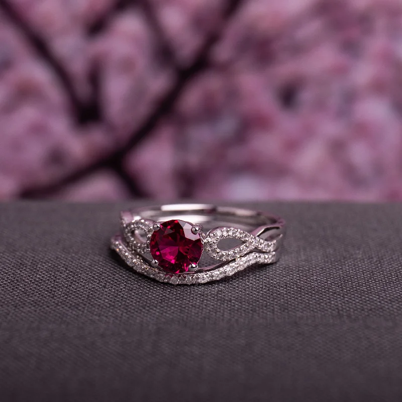 custom engraved rings -Miadora 10k White Gold Created Ruby and 1/6ct TDW Diamond Bridal Ring Set