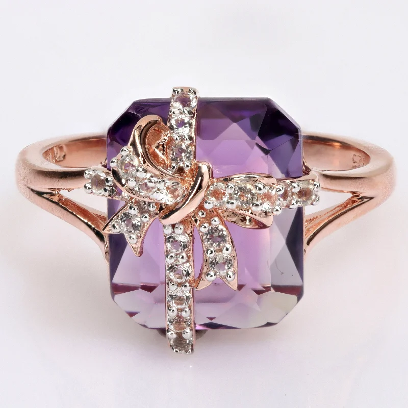 halo engagement rings -Miadora Octagon Amethyst & White Topaz Bow Split Shank Cocktail Ring in Rose Plated Sterling Silver