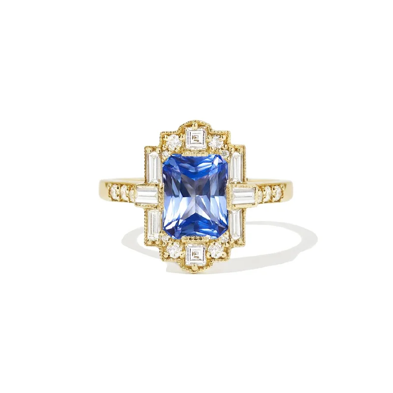 custom rings for women -Cornflower Blue Radiant Cut Sapphire Deco Emerald Cut Diamond Mosaic Ring