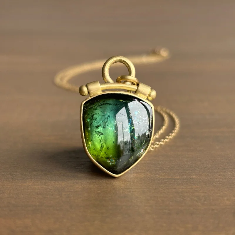 birthstone necklaces for women -Green Tourmaline Cabochon Shield Pendant