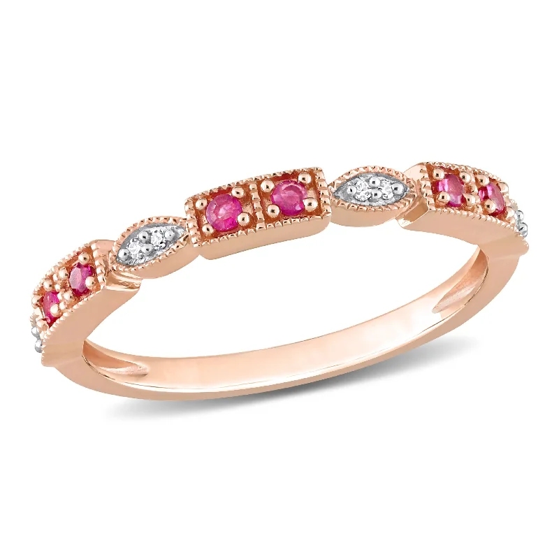 fashion engagement rings -Miadora 1/8 ct TGW Ruby & Diamond Accent Semi-Eternity Ring in 10k Rose Gold