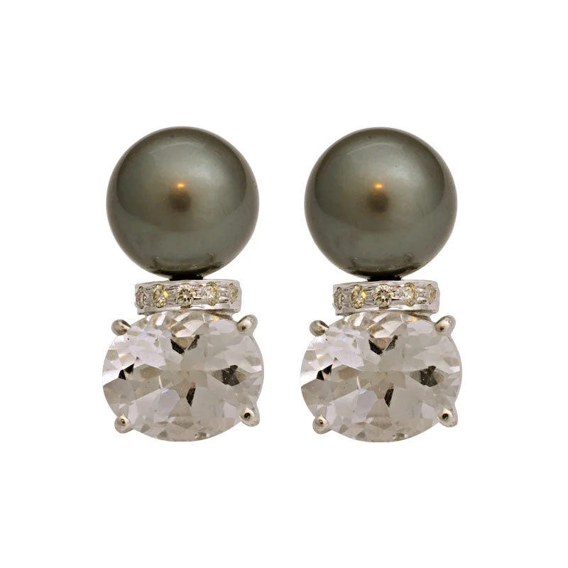 elegant pearl drop earrings -Earrings-Crystal, South Sea Pearl and Diamond