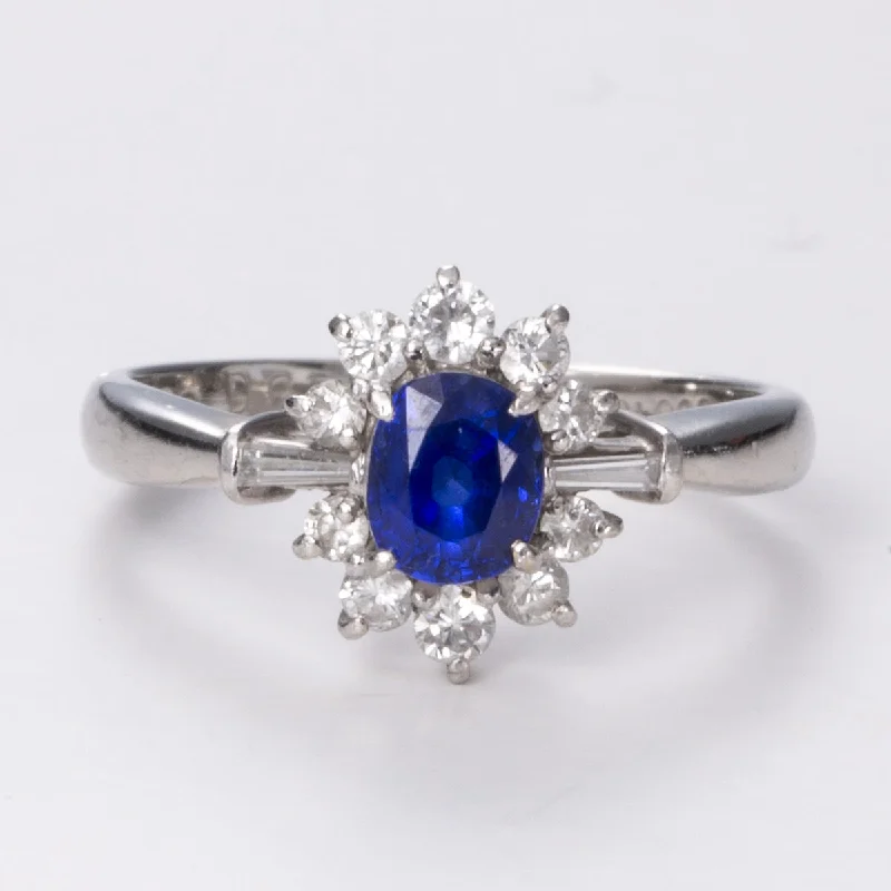 Sapphire and Diamond Halo Platinum Ring | 0.82 ct, 0.35ctw | Sz 4.75