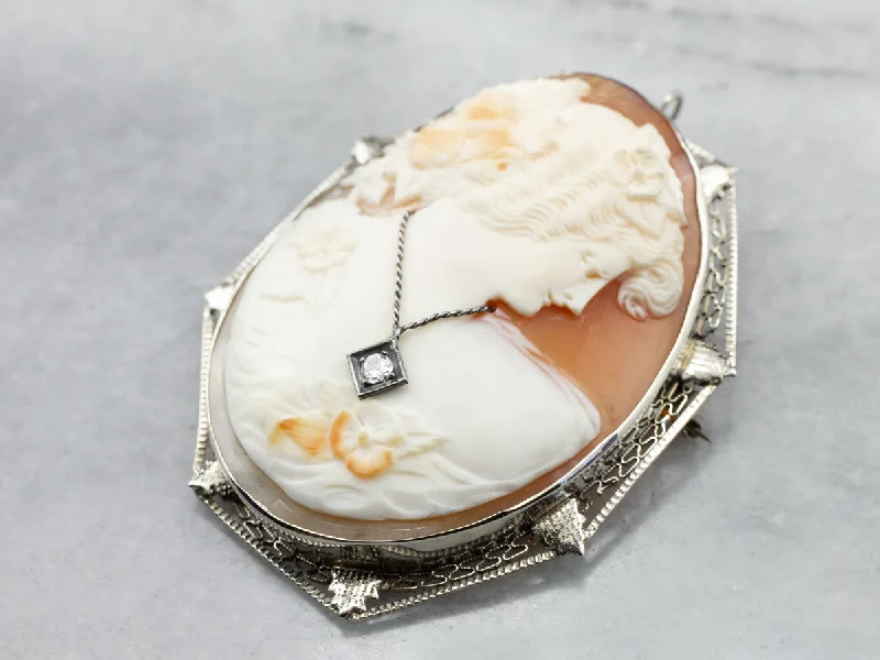 vintage brooches for women -Art Deco Cameo Diamond Filigree Brooch Pendant