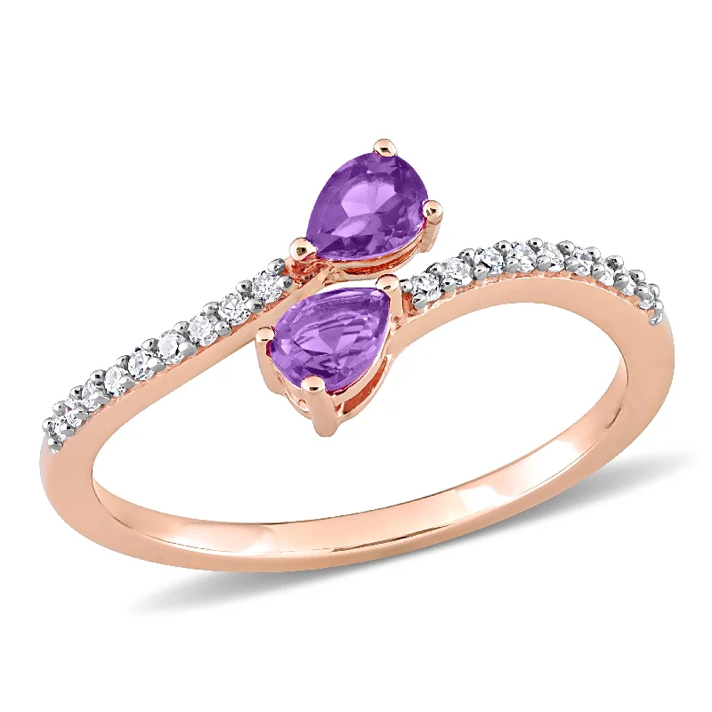 heart-shaped rings for women -Miadora Pear-cut Amethyst and 1/10ct TDW Diamond Teardrop Bypass Ring in 10k Rose Gold