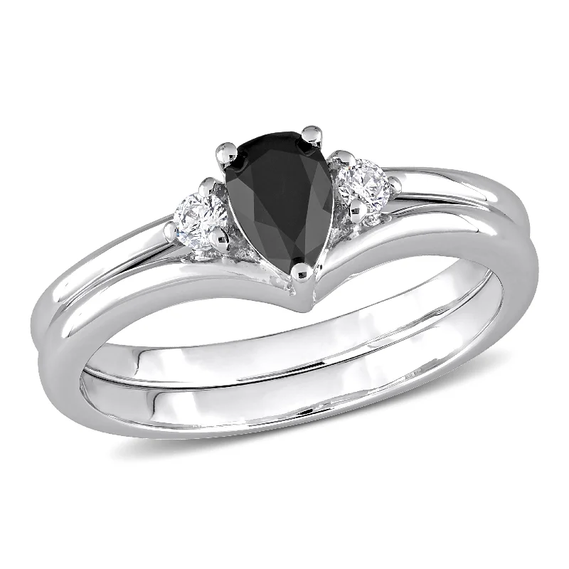 stackable rings for women -Miadora 3/5ct TDW Pear & Round-Cut Black & White Diamond 3-Stone Bridal Ring Set in 10k White Gold