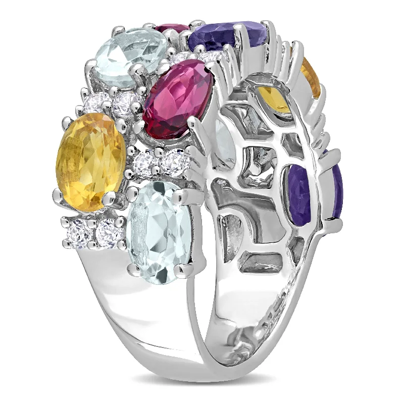 custom engraved rings -Miadora Aquamarine, Rhodolite, Citrine, Iolite & White Topaz Mosaic Ring in Sterling Silver