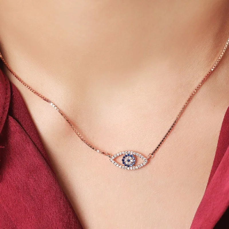 boho necklaces for women -Evil Eye 925 Silver Rose Gold Necklace