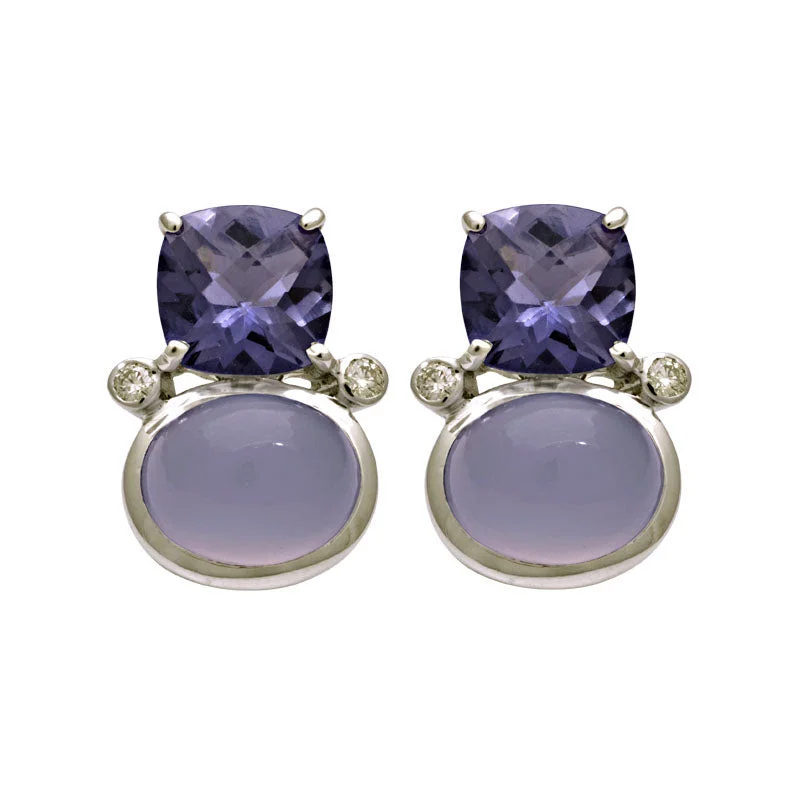 personalized earrings for women -Earrings-Iolite, Chalcedony and Diamond