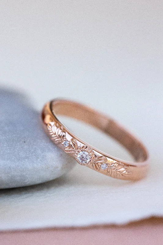 READY TO SHIP: Rose gold wreath wedding band with three lab grown diamonds, AVAILABLE RING SIZES 5.5US