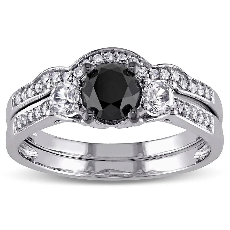 wedding rings for women -Miadora 10k White Gold Created White Sapphire and 7/8ct Black and White Diamond Bridal Ring Set (G-H, I2-I3)