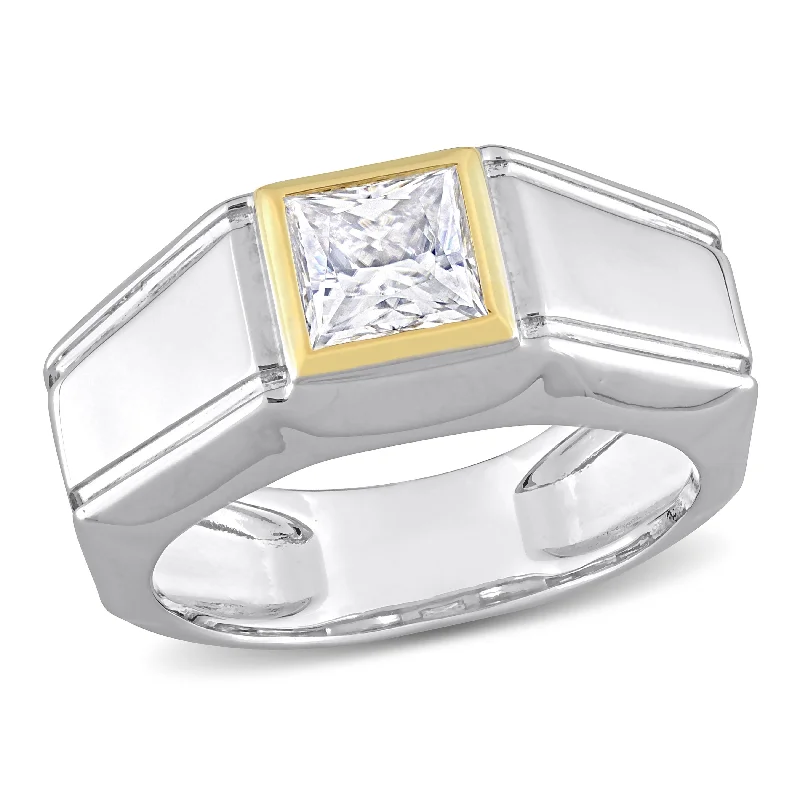 wedding bands with diamonds -Miadora 1 1/5ct TDW Moissanite Solitaire Mens Ring in Two-Tone Sterling Silver