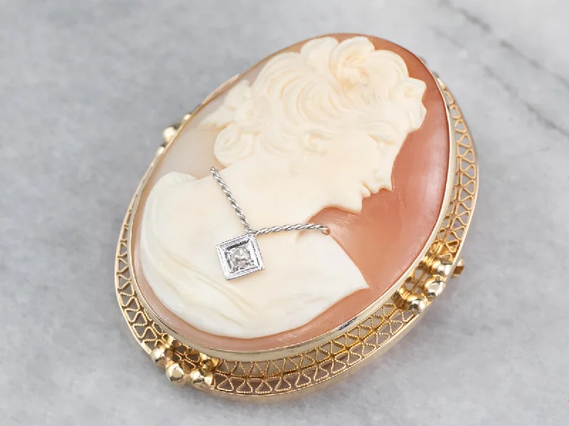 sterling silver brooches for women -Retro Cameo Diamond Gold Brooch Pendant