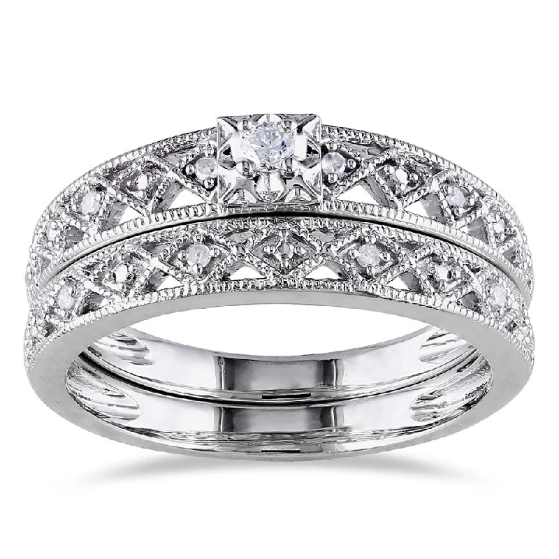 engraved rings for women -Miadora Sterling Silver 1/10ct TDW Vintage Diamond Filigree Bridal Ring Set - White