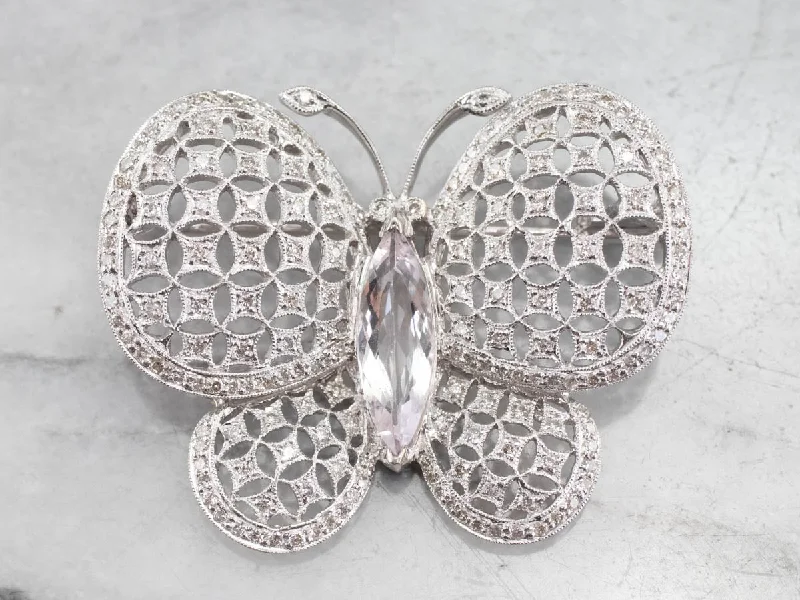 gold-tone brooches for women -Platinum Morganite Diamond Butterfly Brooch