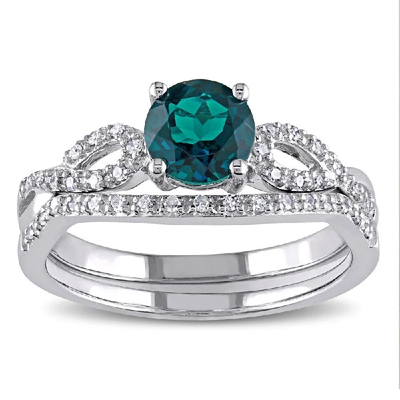 wedding bands with diamonds -Miadora 10k White Gold Created Emerald and 1/6ct TDW Diamond Bridal Ring Set