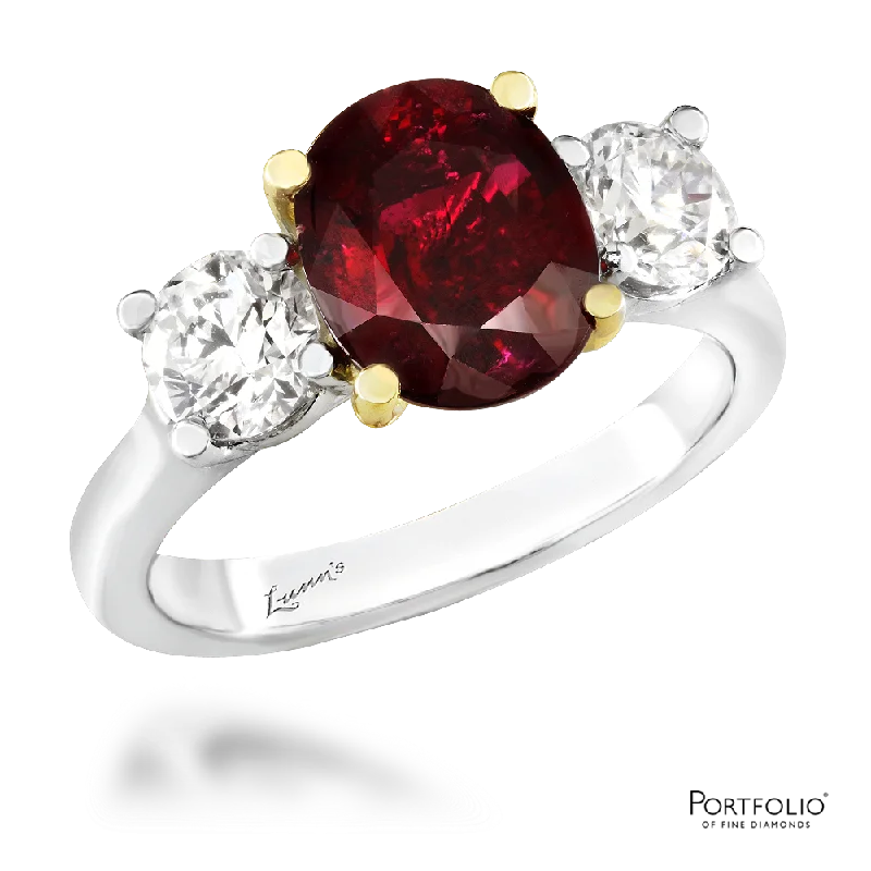 Three Stone 2.09ct Ruby Yellow Gold/Platinum Ring