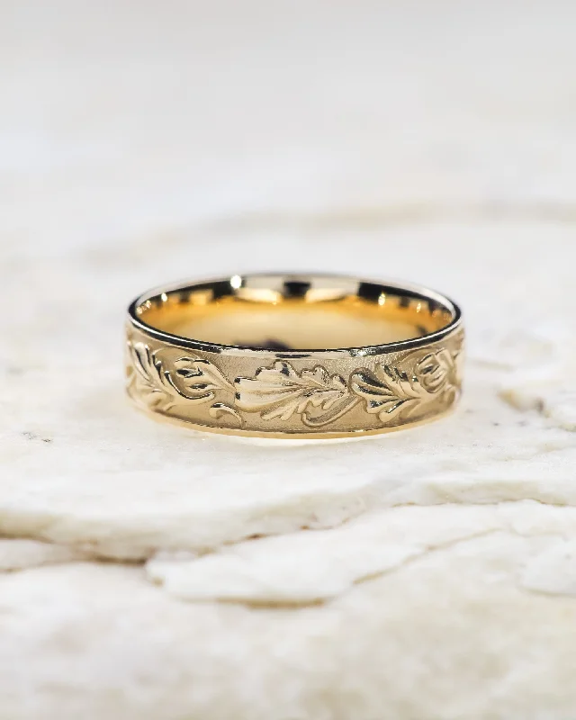 READY TO SHIP: Oak leaves wedding band in 14K yellow gold, RING SIZE 10 US